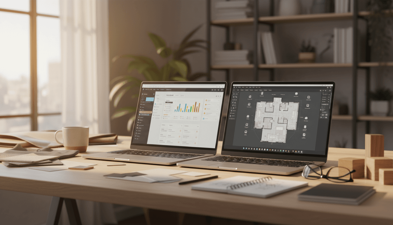 Two laptops on a designer's desk showing different studio management platforms
